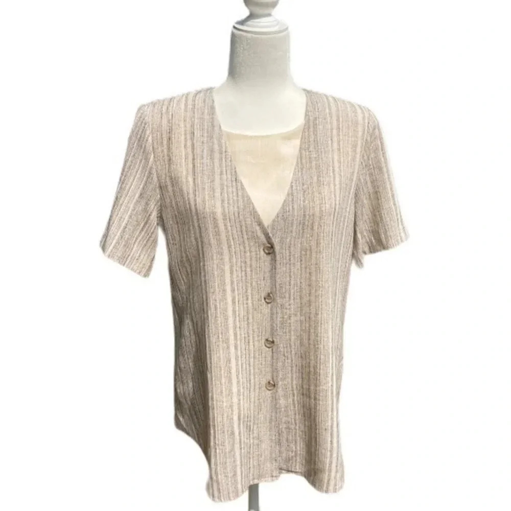 Alfred‎ Dunner Crinkle Pin Stripe Size 8 Elastic Waist Pant Suit Neutral Colors‍ - Picture 2 of 16